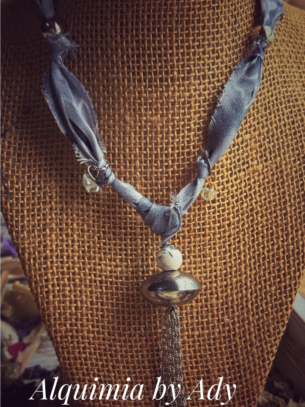 Silver and Blue Fabric Tassel QUE SERA Pendant Necklace